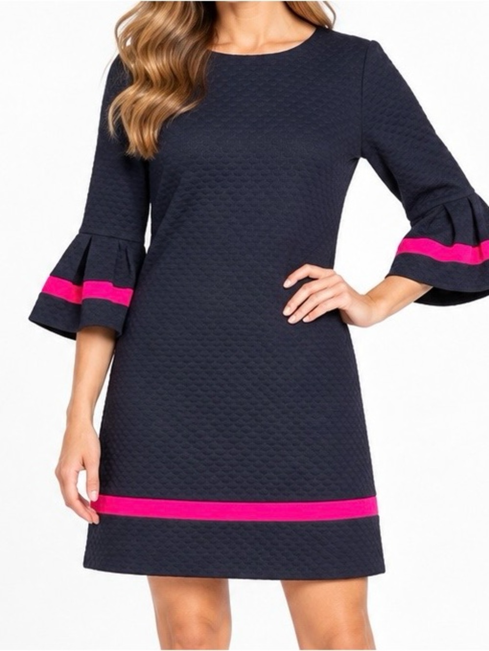 Eliza J Navy Pink Textured Bell Sleeve Shift Dress Size 8